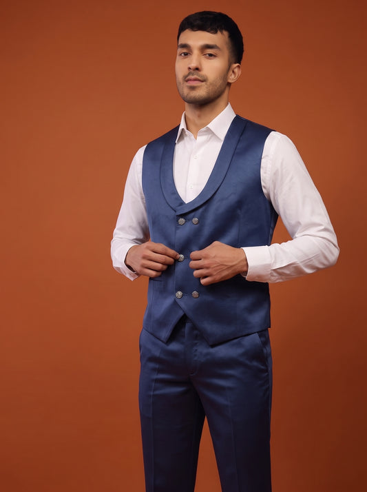 Club AK Men's Navy Blue Satin Tuxedo Three Piece Suit with Shawl Lapel for Wedding & Reception