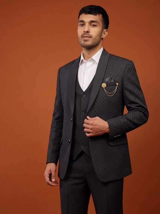 Club AK Men's Black Jacquard Three Piece Suit with Satin Shawl Lapel – Premium Wedding, Reception & Party Wear Suit