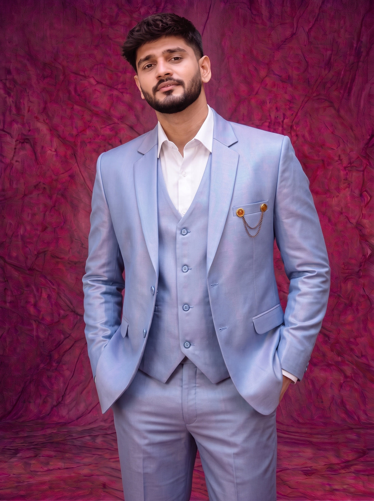 Club AK Men's Ice Blue Three Piece Suit – Premium Wedding, Reception & Party Wear Formal Suit