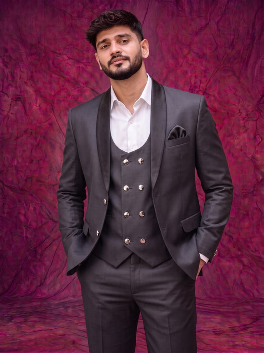 Club AK Men's Black Three Piece Suit with Satin Shawl Lapel – Premium Wedding, Reception & Party Wear Suit