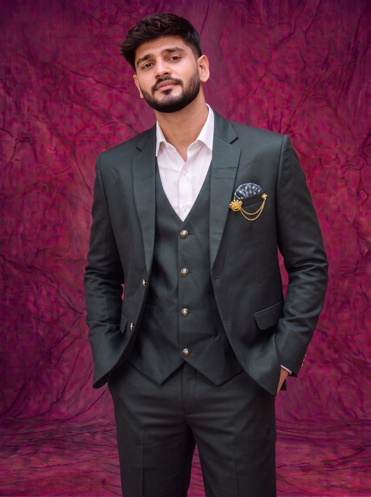 Club AK Men's Dark Green Three Piece Suit – Premium Wedding, Reception & Party Wear Formal Suit