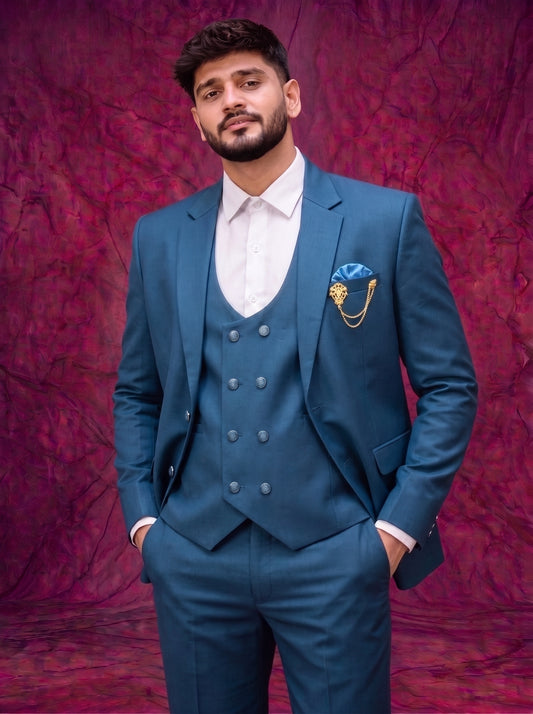 Club AK Men's Teal Blue Three Piece Suit – Premium Wedding, Reception & Party Wear Formal Suit