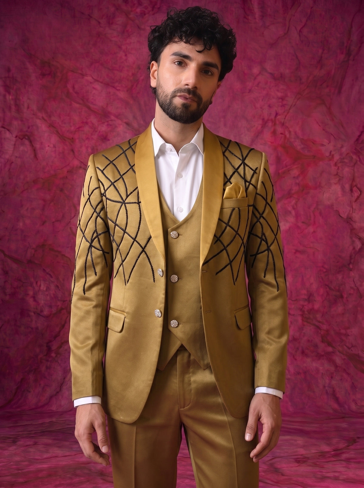 CLUB AK Men's Designer Three Pice Suit with Black Embroidered Pattern for Wedding & Party Wear