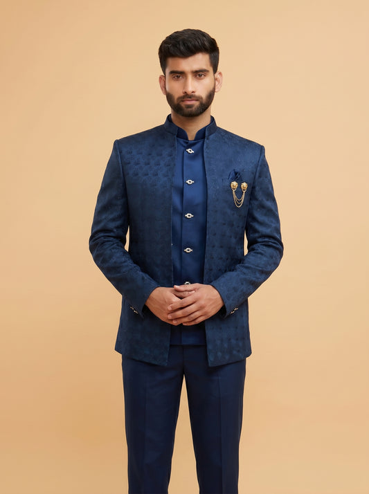 Men's blue jacquard Jodhpuri shrug suit
