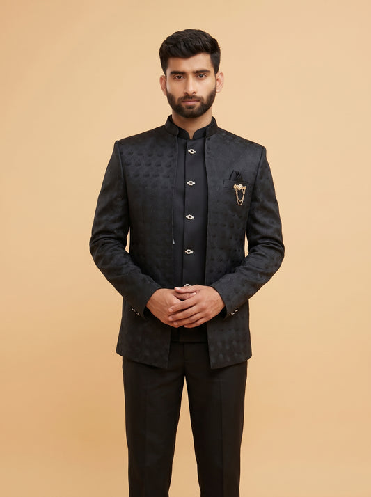 Men's black jacquard Jodhpuri shrug suit
