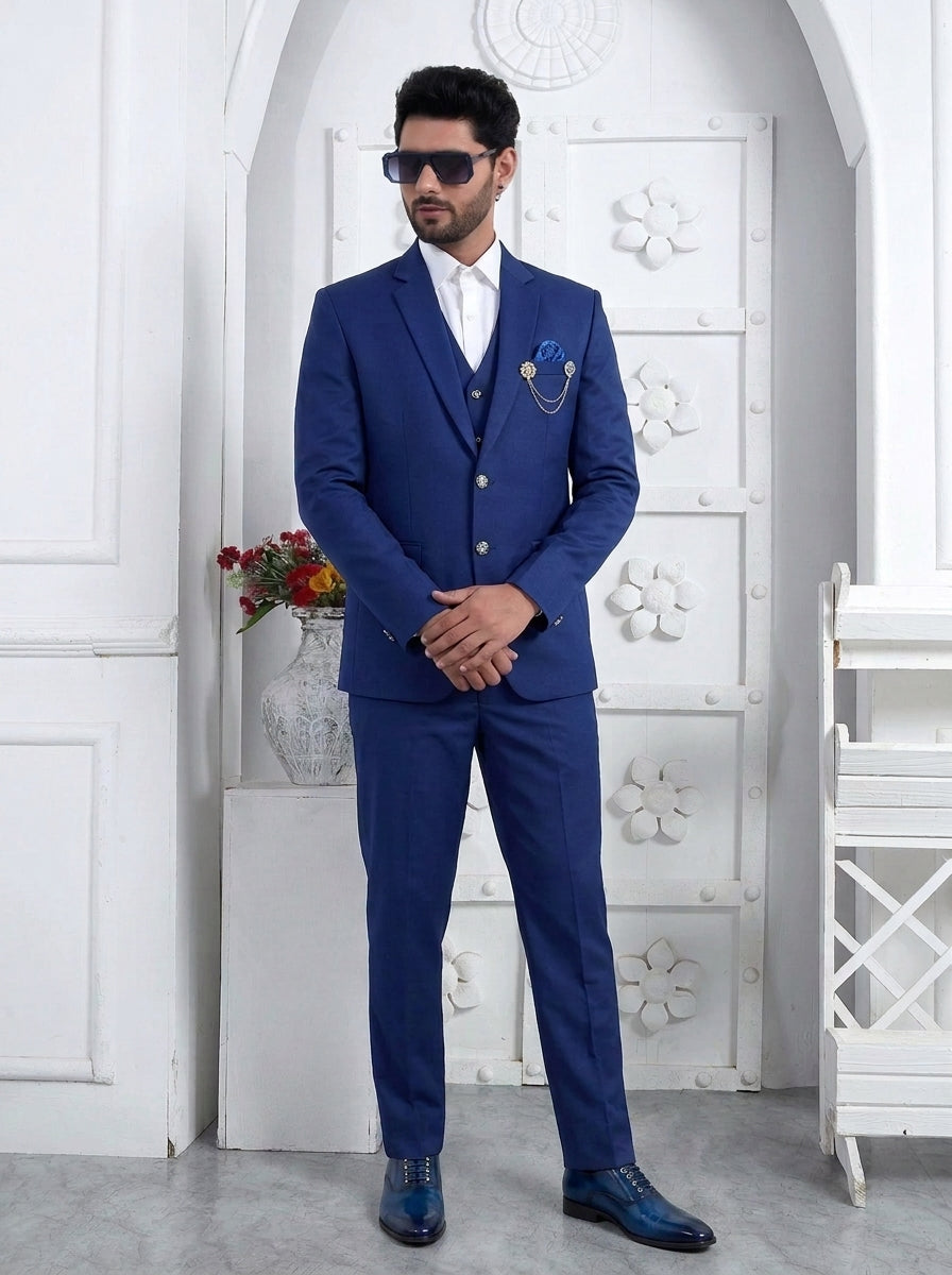 Club AK Men's Royal Blue Premium Three-Piece Suit with Waistcoat & Decorative Brooch