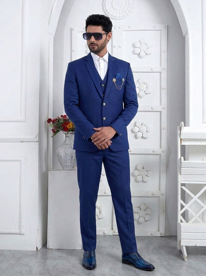 Club AK Men's Royal Blue Premium Three-Piece Suit with Waistcoat & Decorative Brooch