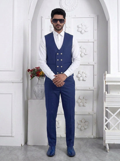 Club AK Men's Royal Blue Premium Three-Piece Suit with Waistcoat & Decorative Brooch
