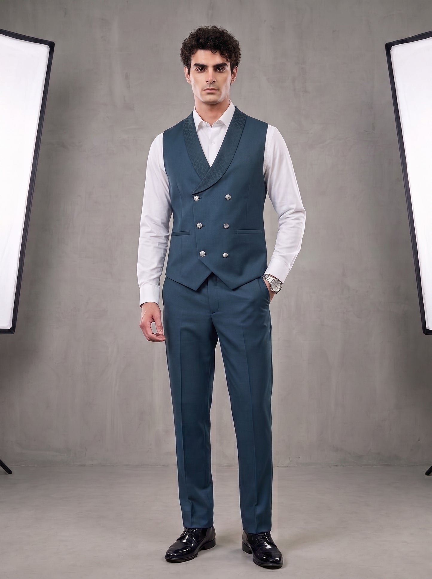 Club AK Men's Teal Blue Jacquard Three-Piece Tuxedo Suit with Satin Shawl Lapel