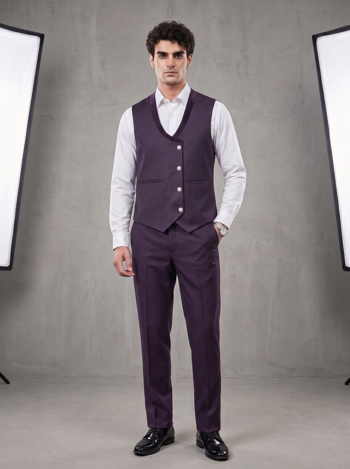 Club AK Men's Wine Purple Jacquard Three-Piece Tuxedo Suit with Satin Shawl Lapel