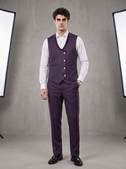Club AK Men's Wine Purple Jacquard Three-Piece Tuxedo Suit with Satin Shawl Lapel