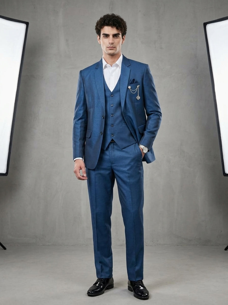 Club AK Men's Steel Blue Premium Three-Piece Suit with Waistcoat |