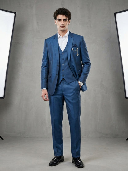 Club AK Men's Steel Blue Premium Three-Piece Suit with Waistcoat |
