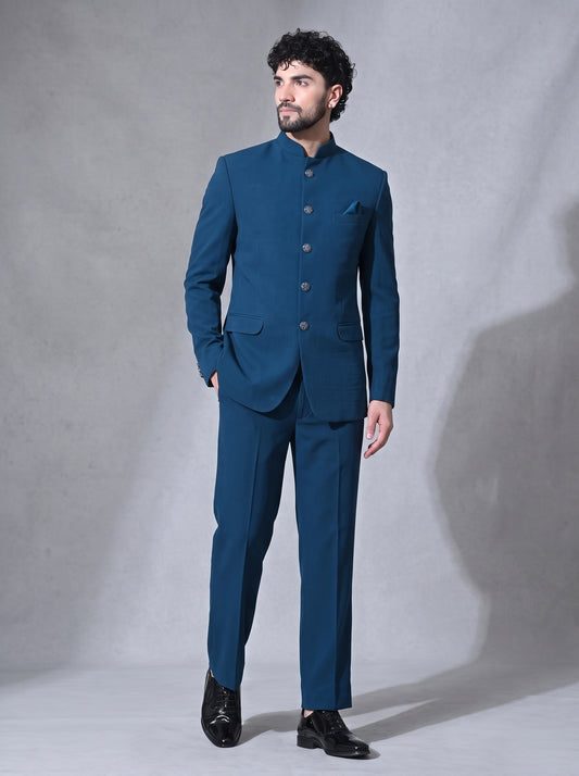 Mens's blue Japanese fabric bandhgala suit