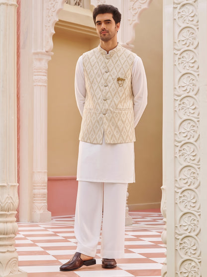 Club AK Men's White Kurta Pajama with Cream Jacquard Nehru Jacket – Premium Wedding, Festive & Ethnic Wear