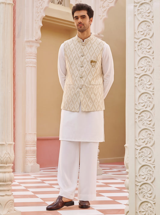 Club AK Men's White Kurta Pajama with Cream Jacquard Nehru Jacket – Premium Wedding, Festive & Ethnic Wear