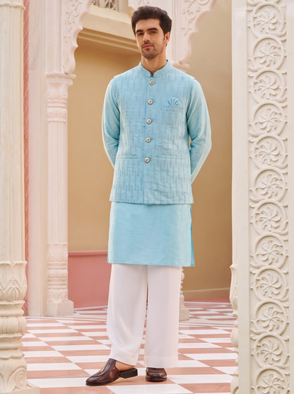 Club AK Men's Sky Blue Kurta Pajama with Textured Nehru Jacket – Premium Ethnic Wear for Wedding, Festive & Party