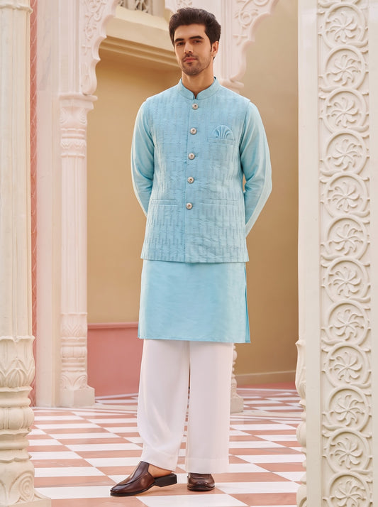 Club AK Men's Sky Blue Kurta Pajama with Textured Nehru Jacket – Premium Ethnic Wear for Wedding, Festive & Party