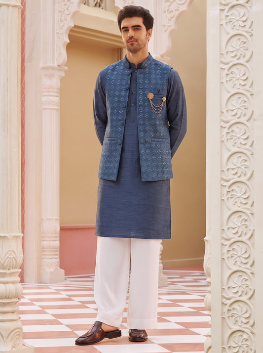Club AK Men's Steel Blue Kurta Pajama with Textured Nehru Jacket – Premium Wedding, Festive & Ethnic Wear for
