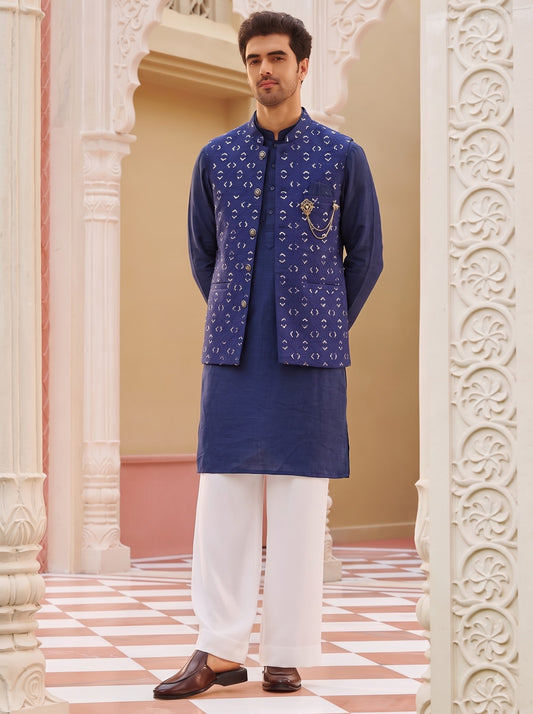 Club AK Men's Navy Blue Jacquard Nehru Jacket with Kurta Pajama Set