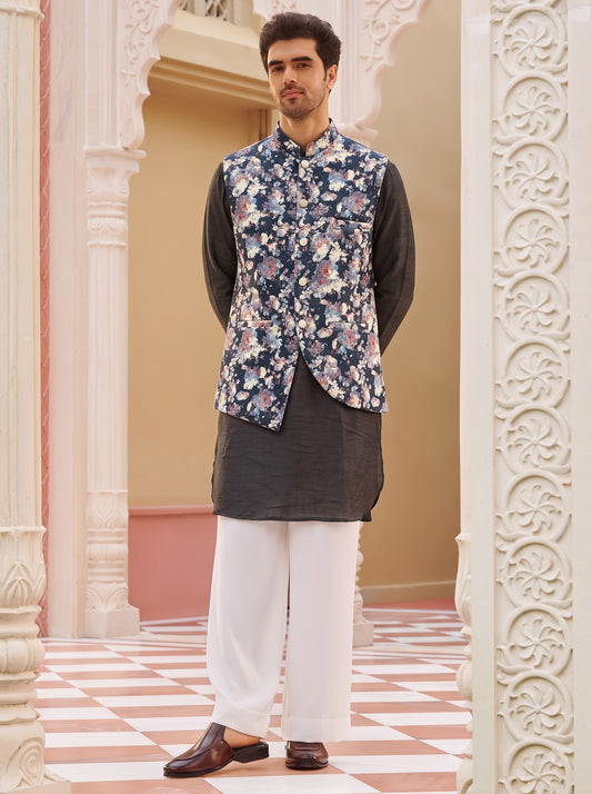 Club AK Men's Black Kurta Pajama with Floral Printed Nehru Jacket – Premium Wedding, Festive & Ethnic Wear for