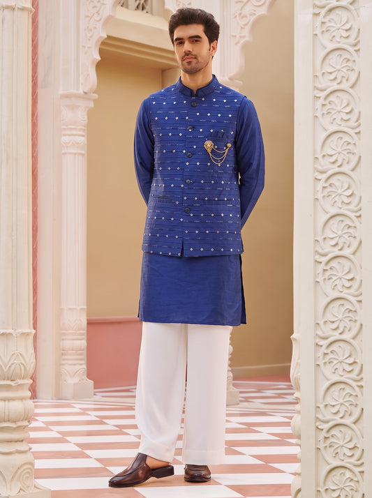 Club AK Men's Royal Blue Kurta Pajama with Embroidered Nehru Jacket – Premium Wedding, Festive & Ethnic Wear
