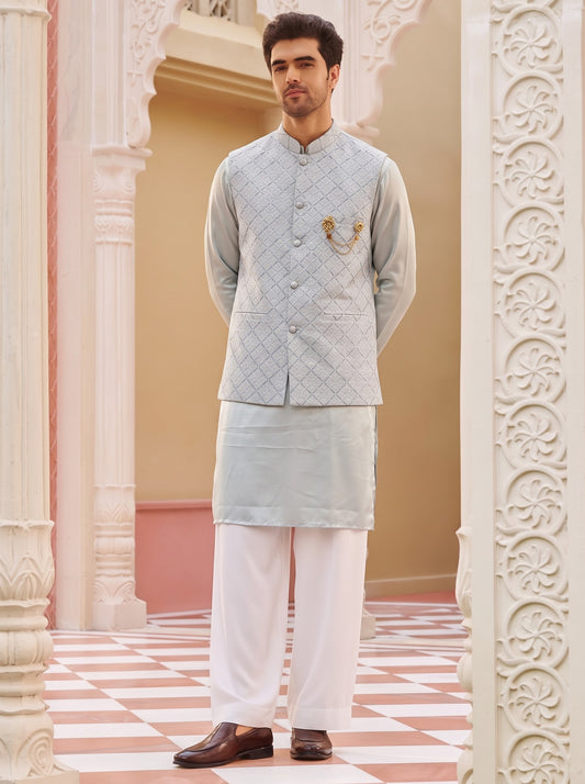 Club AK Men's Grey Kurta Pajama with Embroidered Nehru Jacket – Premium Wedding, Festive & Ethnic Wear