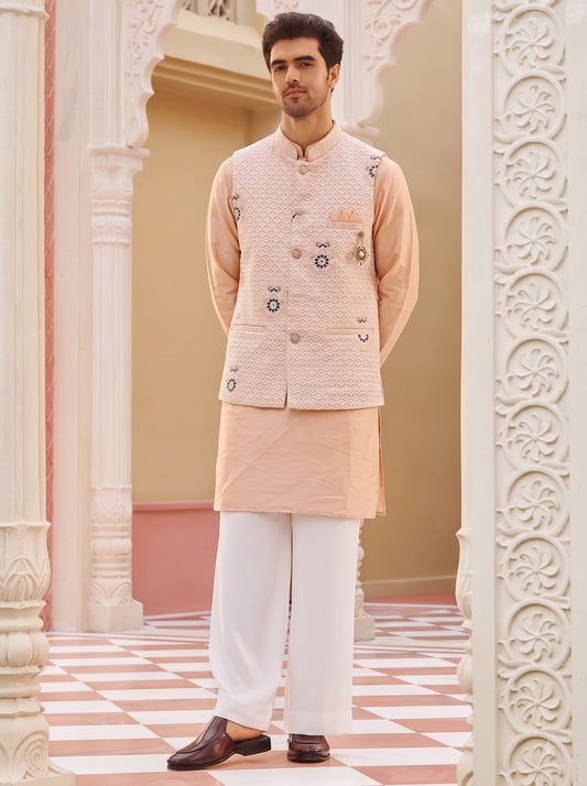 Club AK Men's Peach Kurta Pajama with Designer Embroidered Nehru Jacket for Wedding Wear