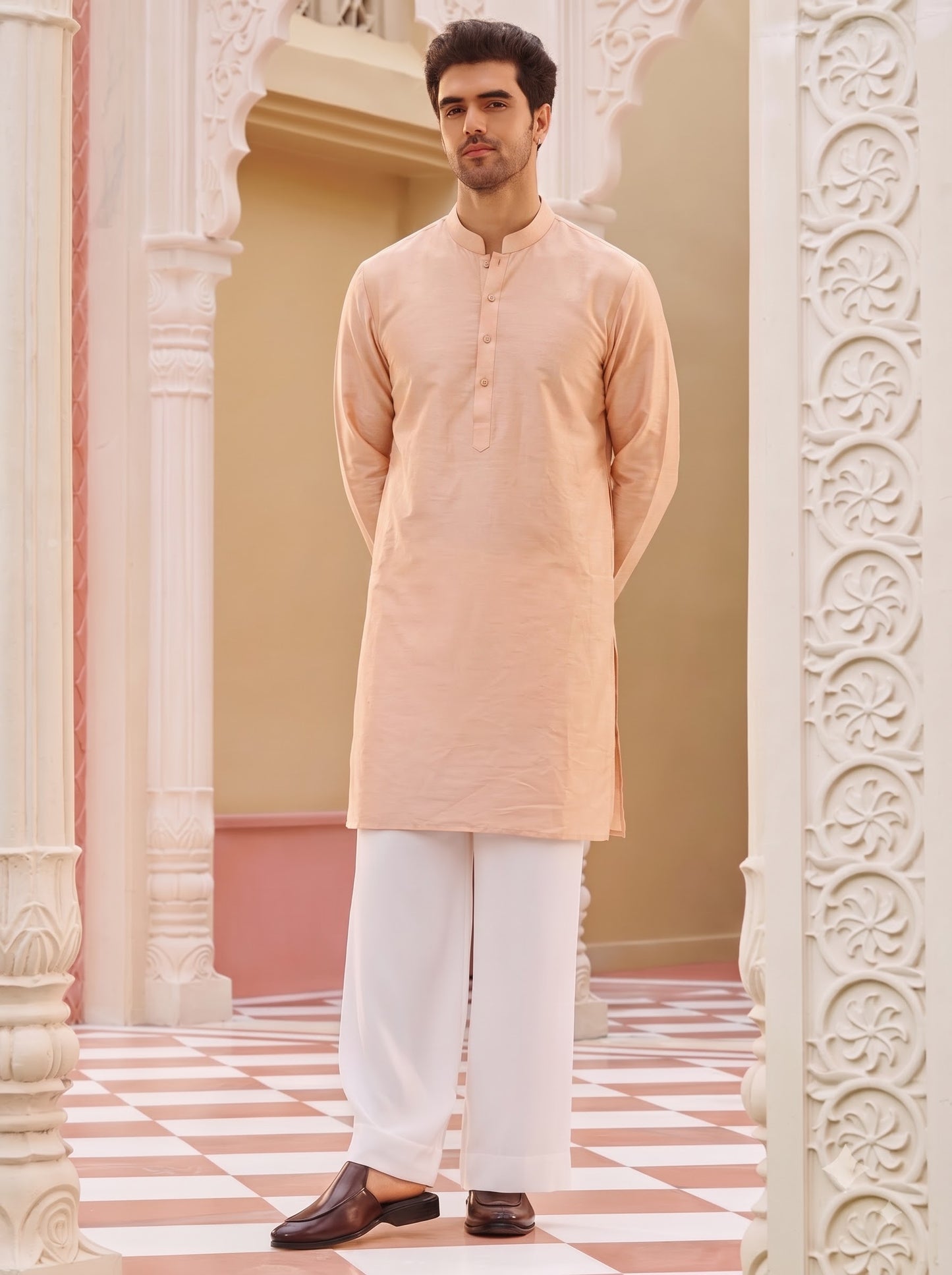 Club AK Men's Peach Kurta Pajama with Designer Embroidered Nehru Jacket for Wedding Wear