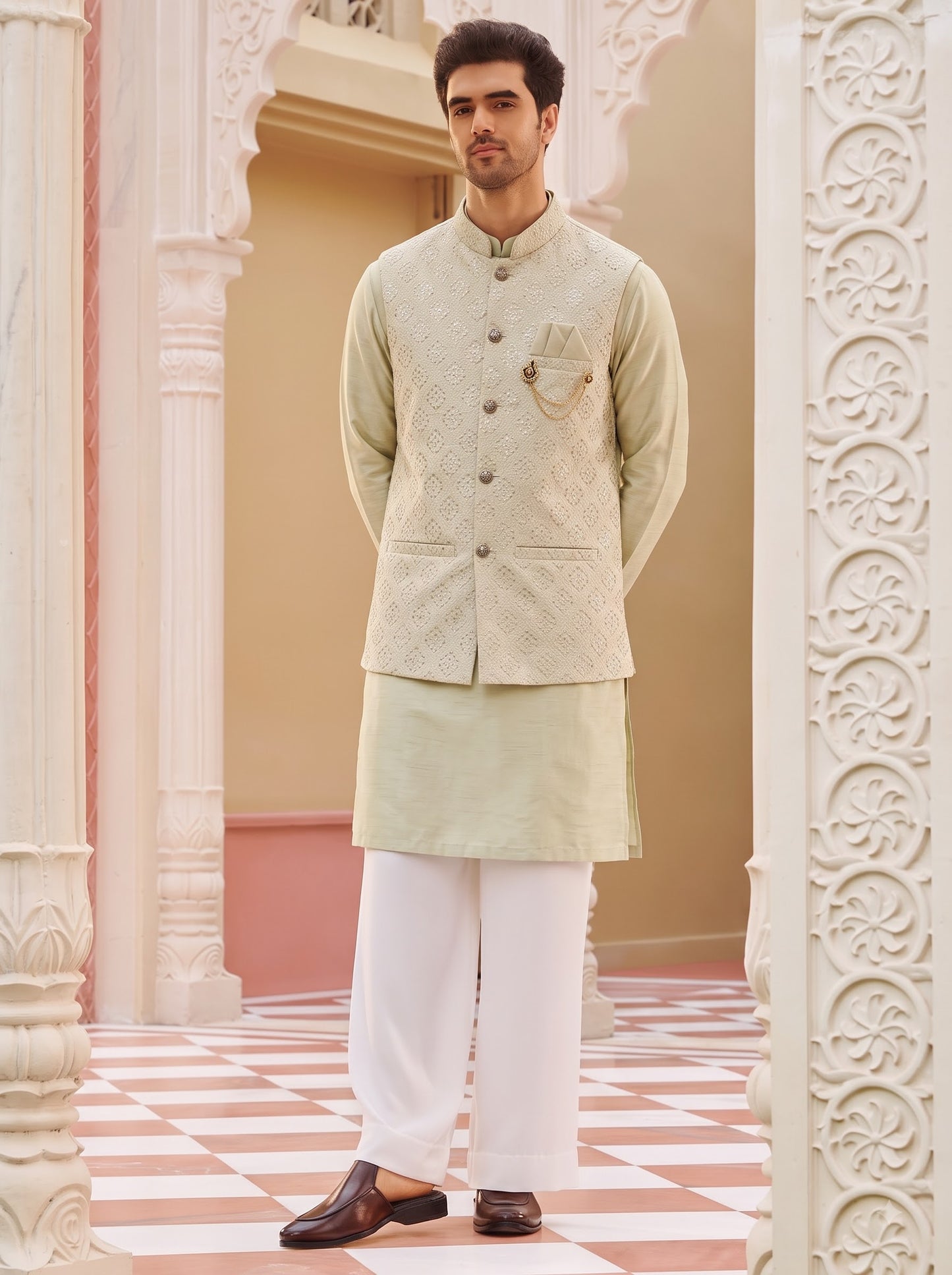 Club AK Men's Pista Green Kurta Pajama with Embroidered Cream Nehru Jacket – Premium Wedding, Festive & Ethnic Wear