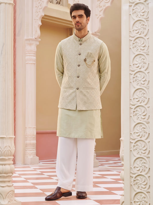 Club AK Men's Pista Green Kurta Pajama with Embroidered Cream Nehru Jacket – Premium Wedding, Festive & Ethnic Wear