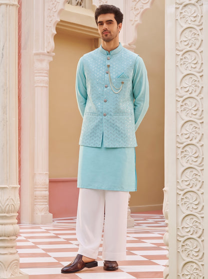 Club AK Men's Sky Blue Kurta Pajama with Embroidered Nehru Jacket – Premium Wedding, Festive & Ethnic Wear