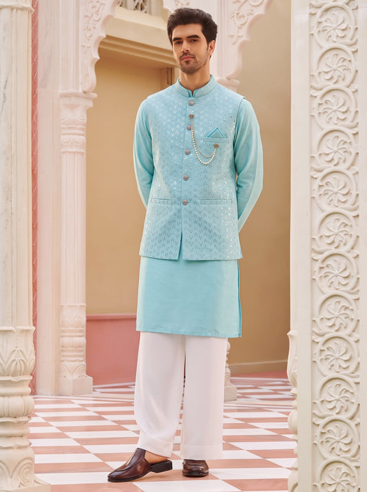 Club AK Men's Sky Blue Kurta Pajama with Embroidered Nehru Jacket – Premium Wedding, Festive & Ethnic Wear