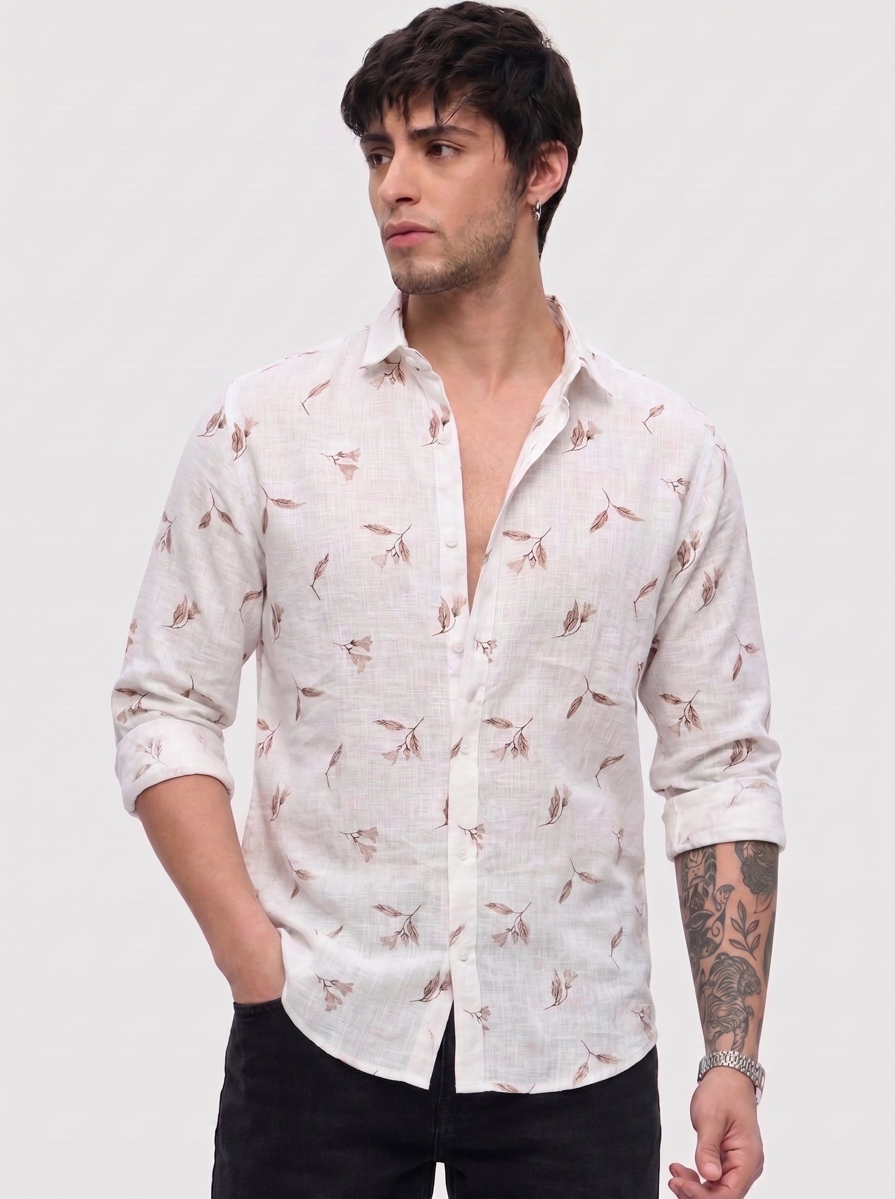 Men's soft brown Floral linen Shirt