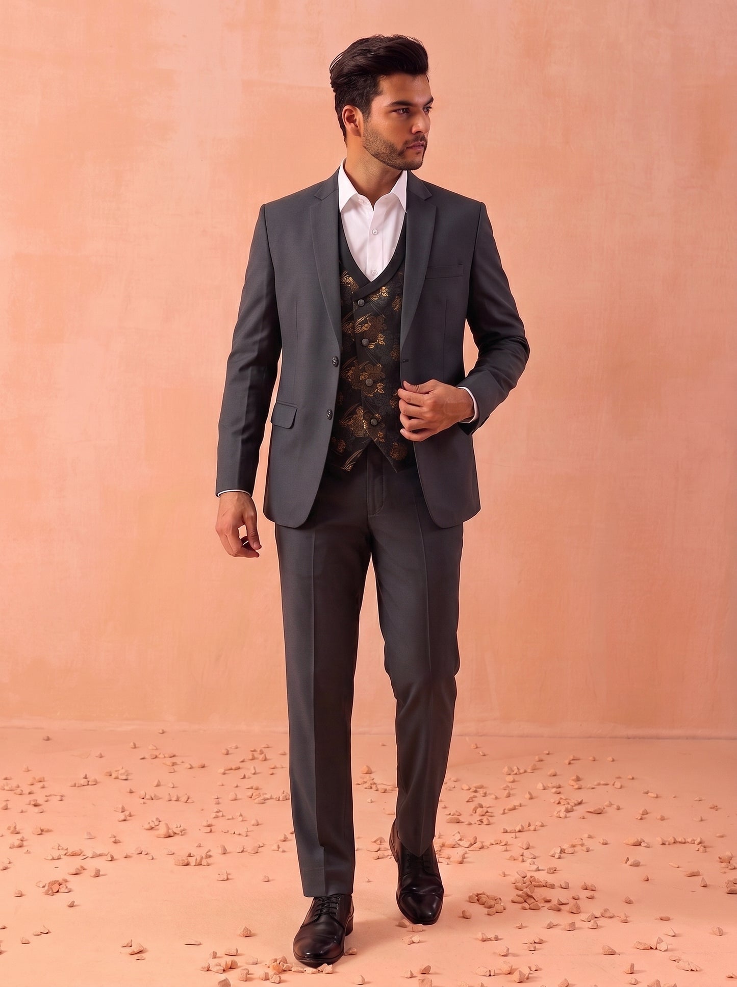 Club AK Men's Elegant Grey 3 Piece Suit Set with Printed Waistcoat and Formal Blazer for Men