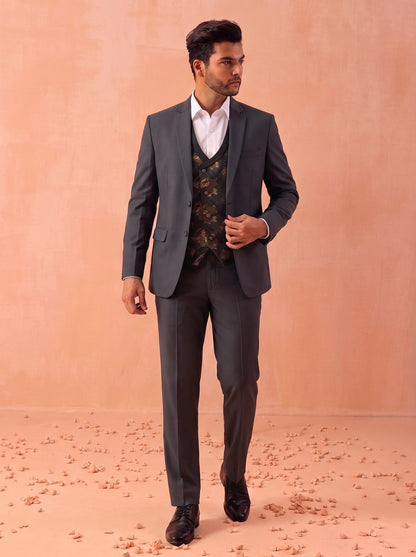 Club AK Men's Elegant Grey 3 Piece Suit Set with Printed Waistcoat and Formal Blazer for Men