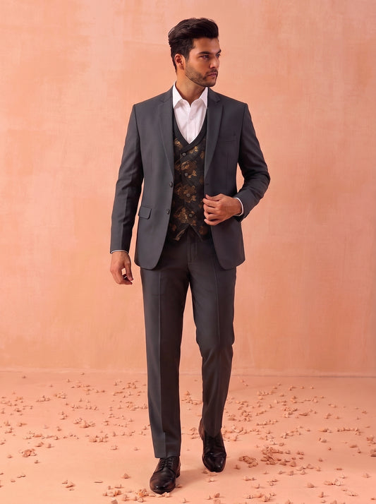 Club AK Men's Elegant Grey 3 Piece Suit Set with Printed Waistcoat and Formal Blazer for Men