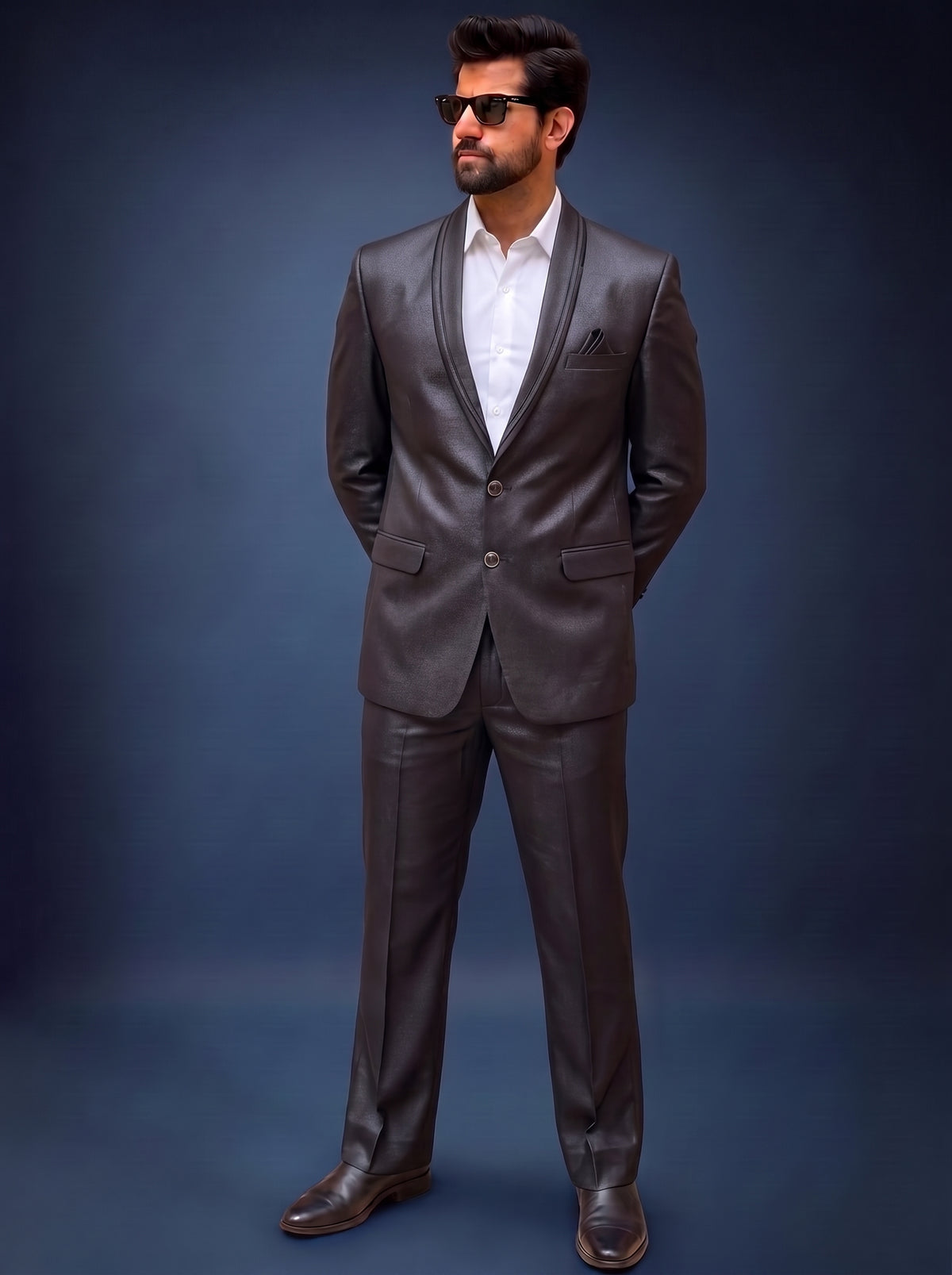 Club AK Men's Premium Charcoal Grey Satin Finish Two-Piece Suit with Shawl Lapel