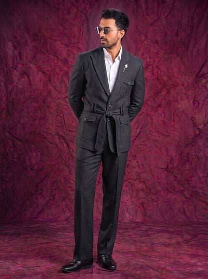 Club AK Men’s Premium Charcoal Grey Belted Three Piece Suit