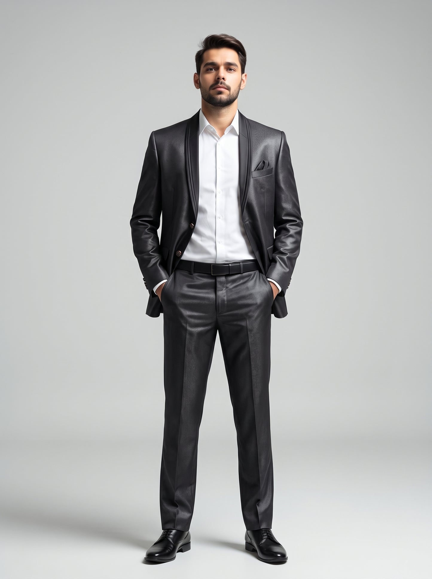 Club AK Men's Premium Charcoal Grey Satin Finish Two-Piece Suit with Shawl Lapel