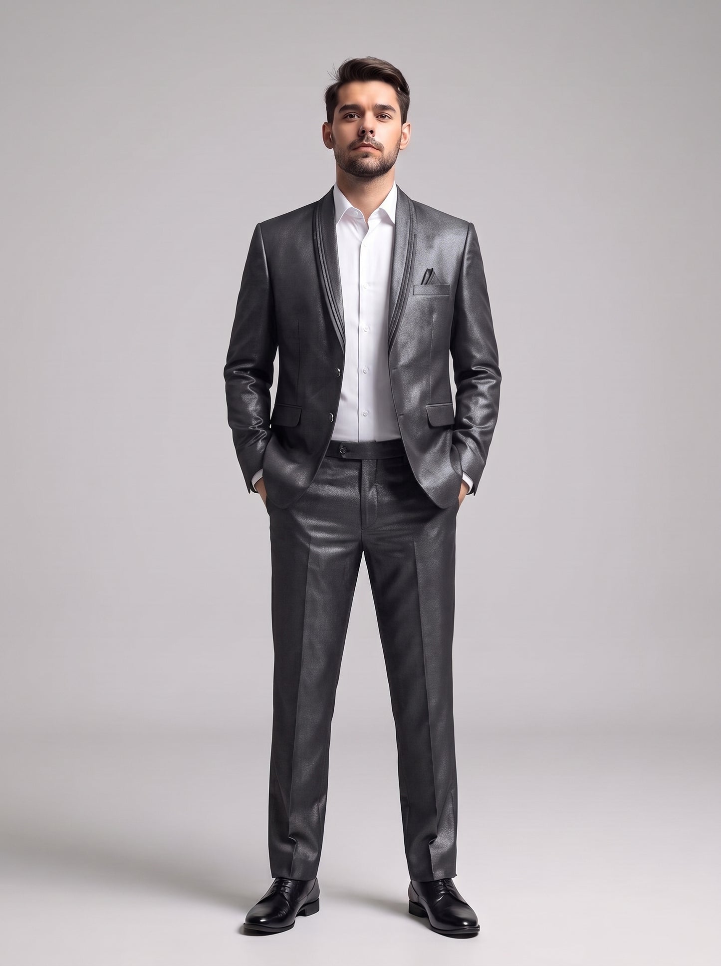 Club AK Men's Premium Charcoal Grey Satin Finish Two-Piece Suit with Shawl Lapel