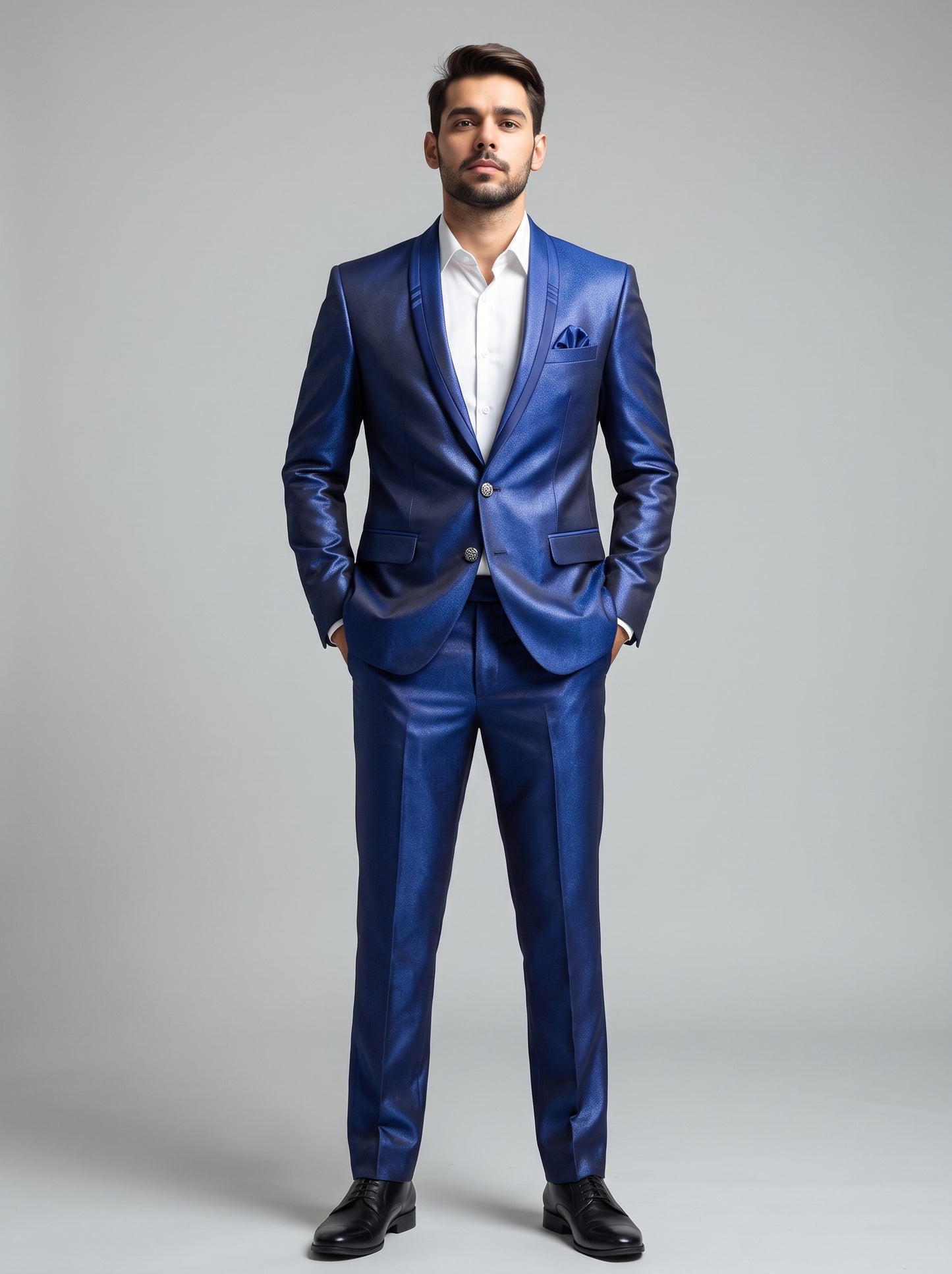 Club AK Men's Premium Royal Blue Satin Finish Two-Piece Suit with Shawl Lapel