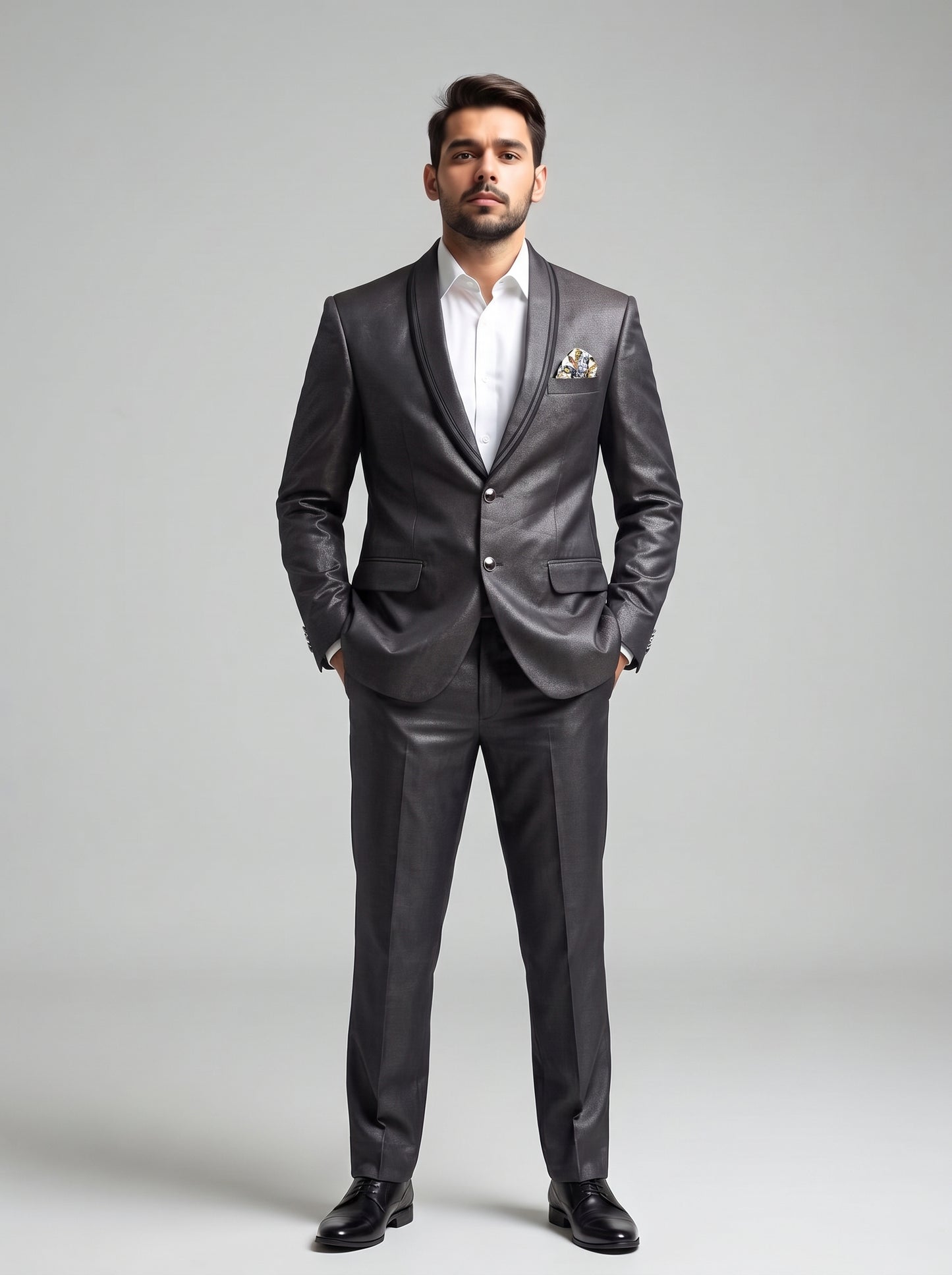 Club AK Men's Premium Gunmetal Grey Satin Finish Two-Piece Suit with Shawl Lapel
