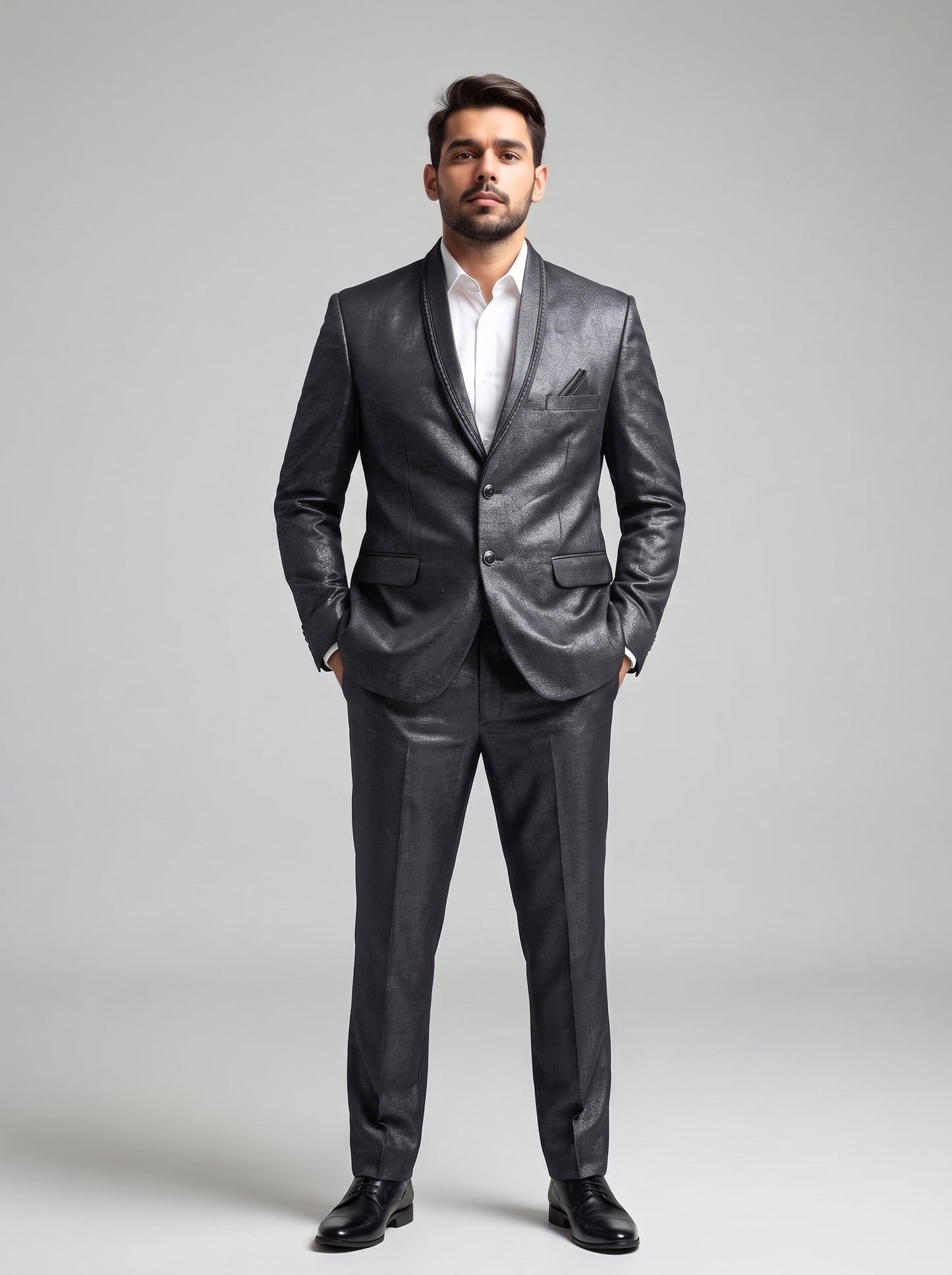Club AK Men's Premium Graphite Grey Satin Finish Two-Piece Suit with Shawl Lapel