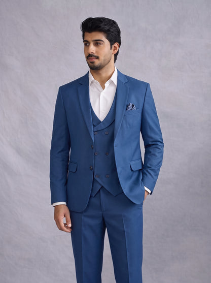 Club AK Men's Steel Blue 3 Piece Suit for Men | Premium Slim Fit Blazer, Double Breasted Waistcoat & Trouser Set