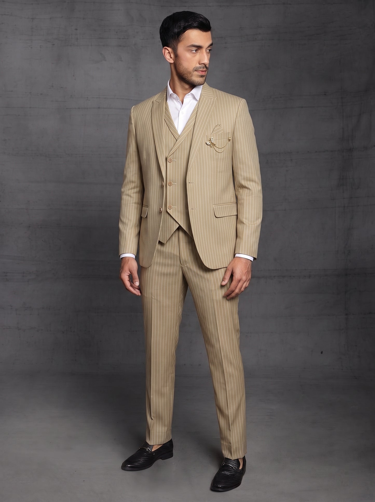 Club AK Designer Beige 3 Piece Suit | Men's Formal Wedding Collection