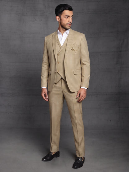 Club AK Designer Beige 3 Piece Suit | Men's Formal Wedding Collection