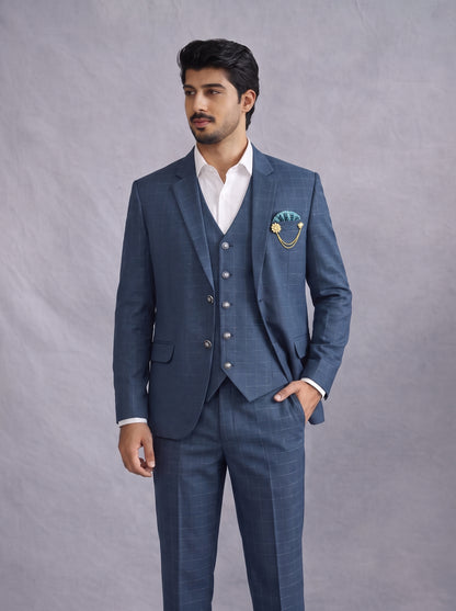 Club AK Designer Blue Windowpane 3 Piece Suit | Men's Formal Collection