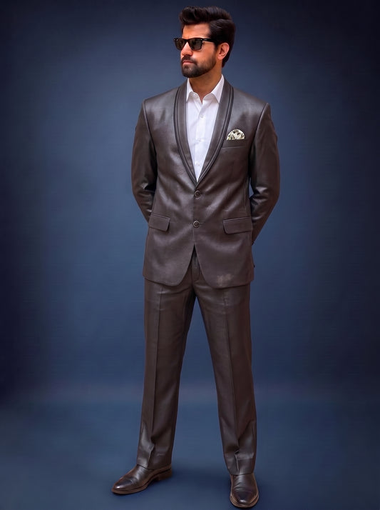 Club AK Men's Premium Gunmetal Grey Satin Finish Two-Piece Suit with Shawl Lapel
