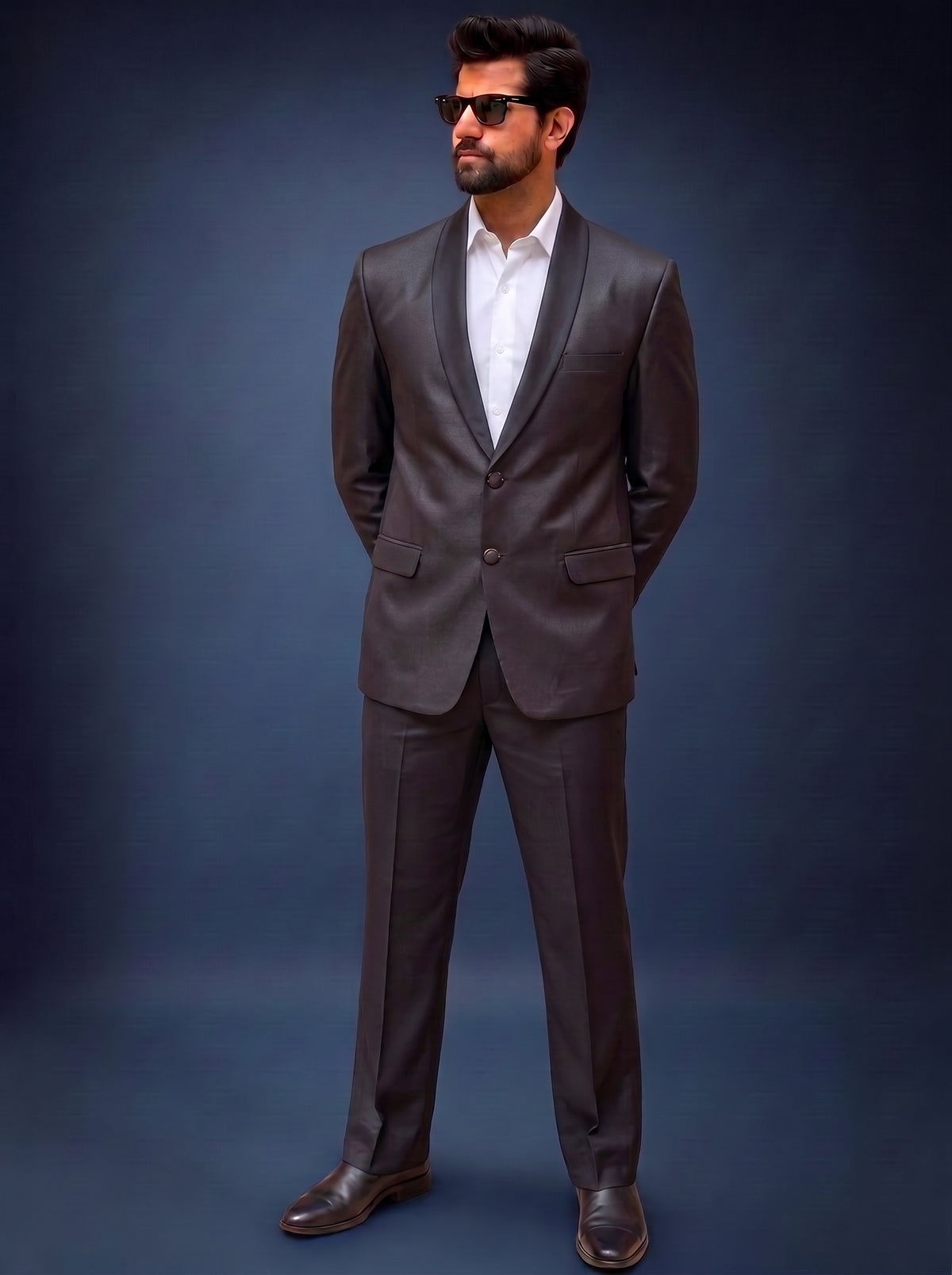 Club AK Men's Premium Charcoal Grey Satin Finish Two-Piece Suit with Shawl Lapel